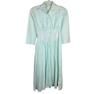 Vtg 80s OOPS California Dress w/ Belt 3 / 4 Mint Green Lace Pearl Button Pockets